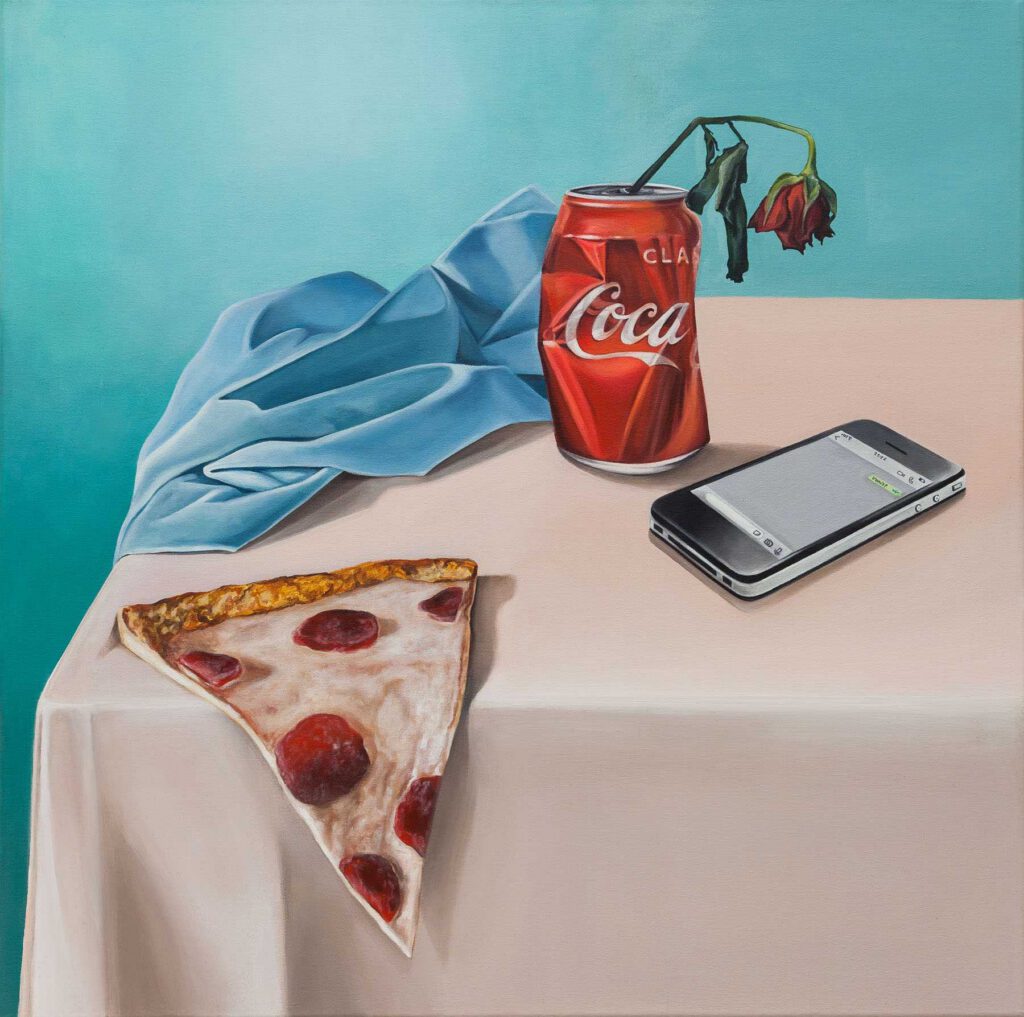 Naturaleza muerta con celular, 2019, acrílico sobre lienzo 70x70 cm